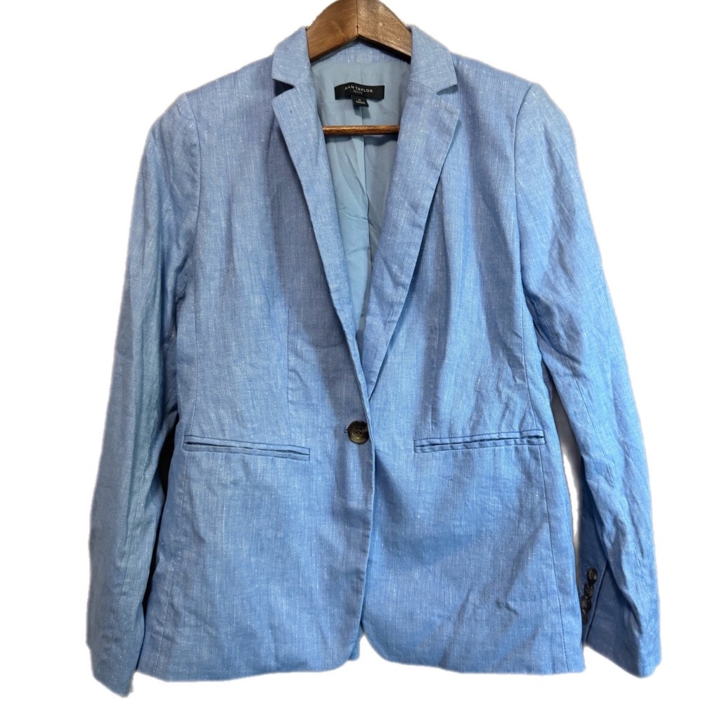Ann Taylor Blazer Womens 2P Blue Excellent Linen Cotton Blend Single Button